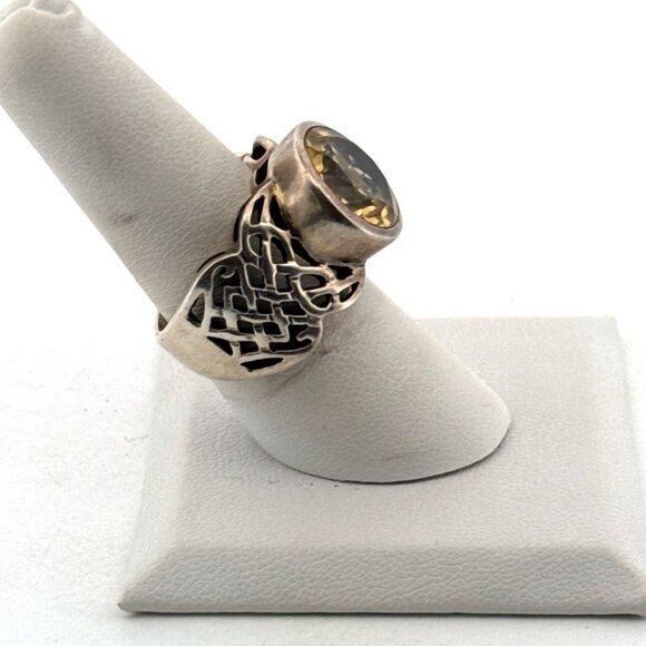 Estate Sterling Silver 925 Celtic Wide Band Ring w/ Yellow Gemstone, Size 8 - Picture 2 of 8